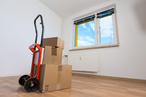 Packed boxes and furniture prepared for apartment moving in Blackwall